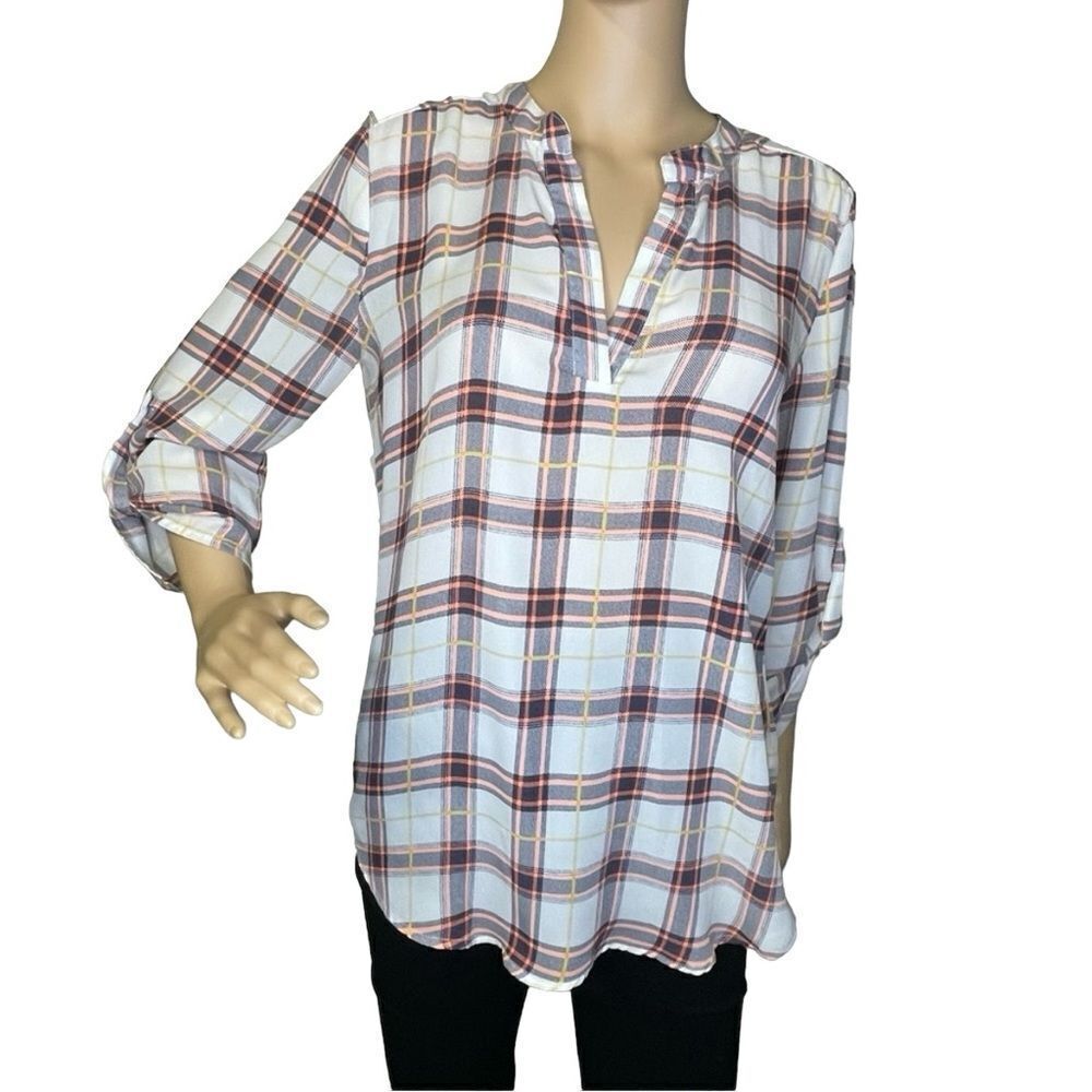 Penelope Long Sleeve Plaid Pattern Lightweight Blouse Cream Neon Coral Black Med
